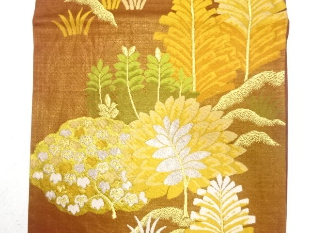  樹木に草花模様織り出し　袋帯